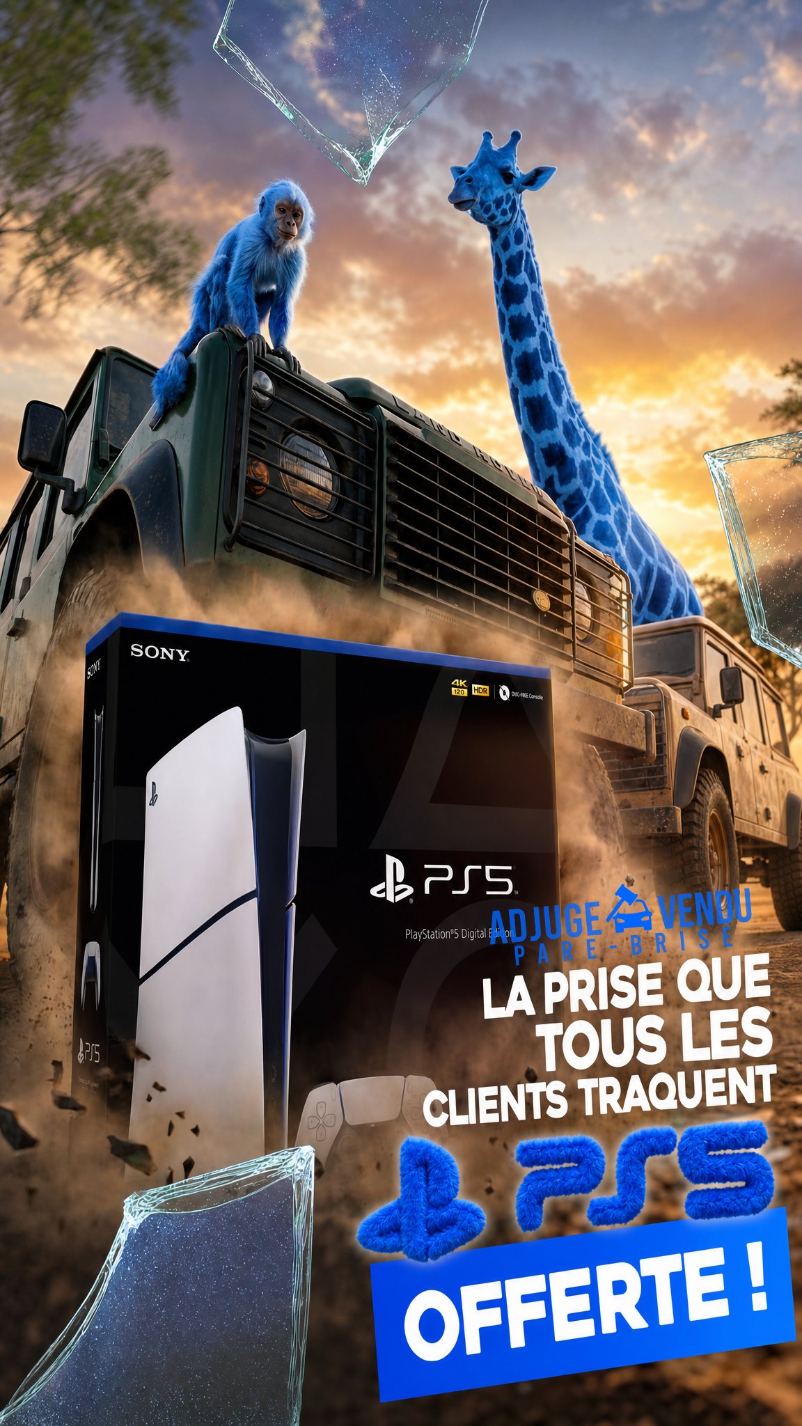 Une console PlayStation 5 posée devant un 4x4 de safari, avec l'accroche « la prise que tous les clients traquent, PS5 offerte », signée Adjugé Vendu Pare-Brise.